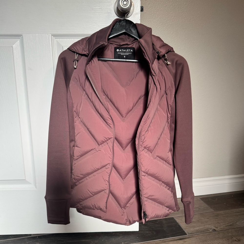 Purple puffer jacket from Athleta.